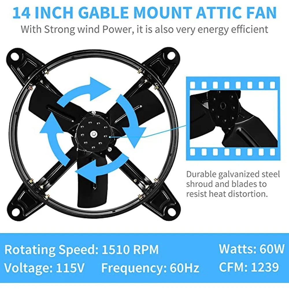 14 Inch Mount Fan Attic Gable Ventilator with Adjustable Temperature Thermostat, 1239 CFM, Black