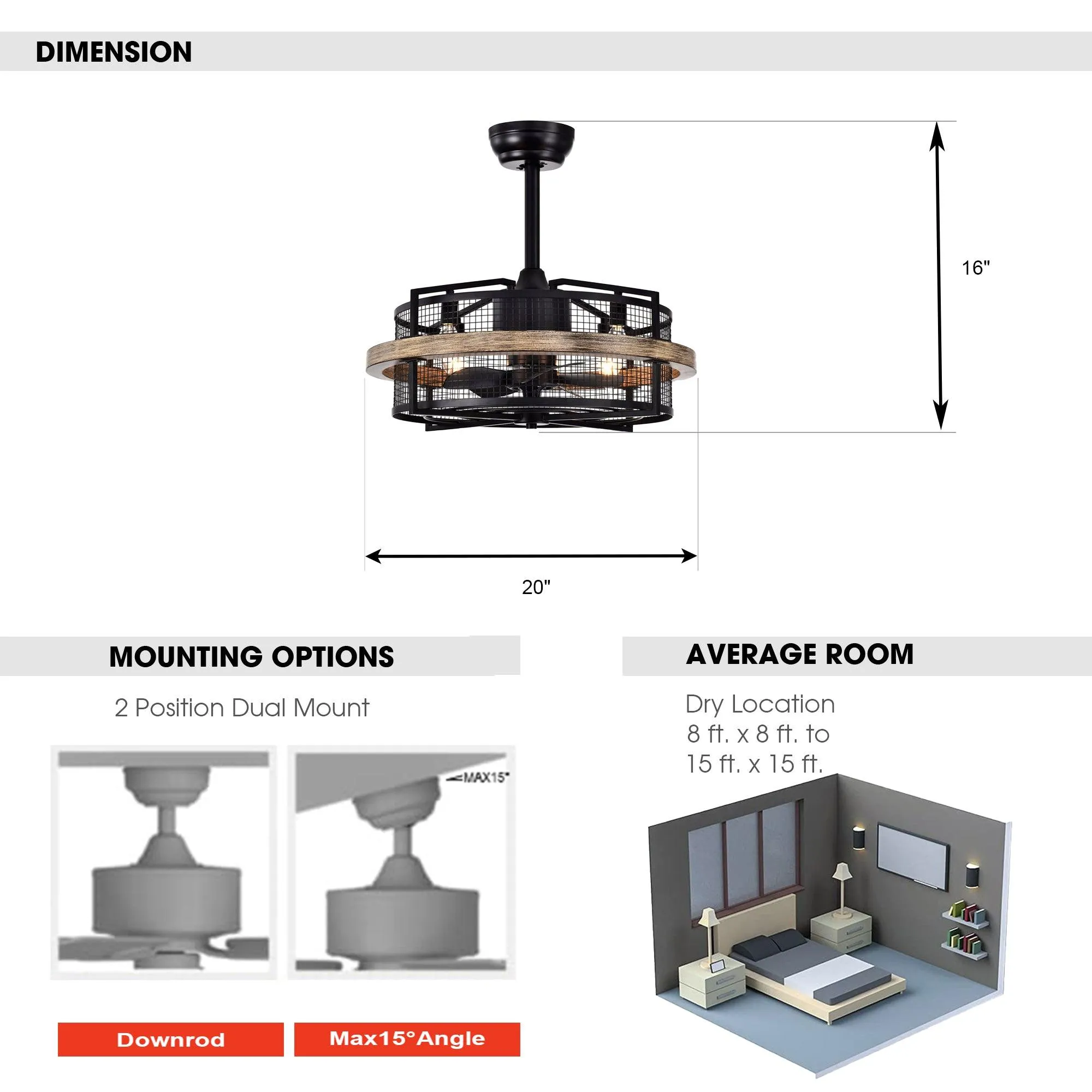 20" Industrial Downrod Mount Fandelier Ceiling Fan with Lighting and Remote Control