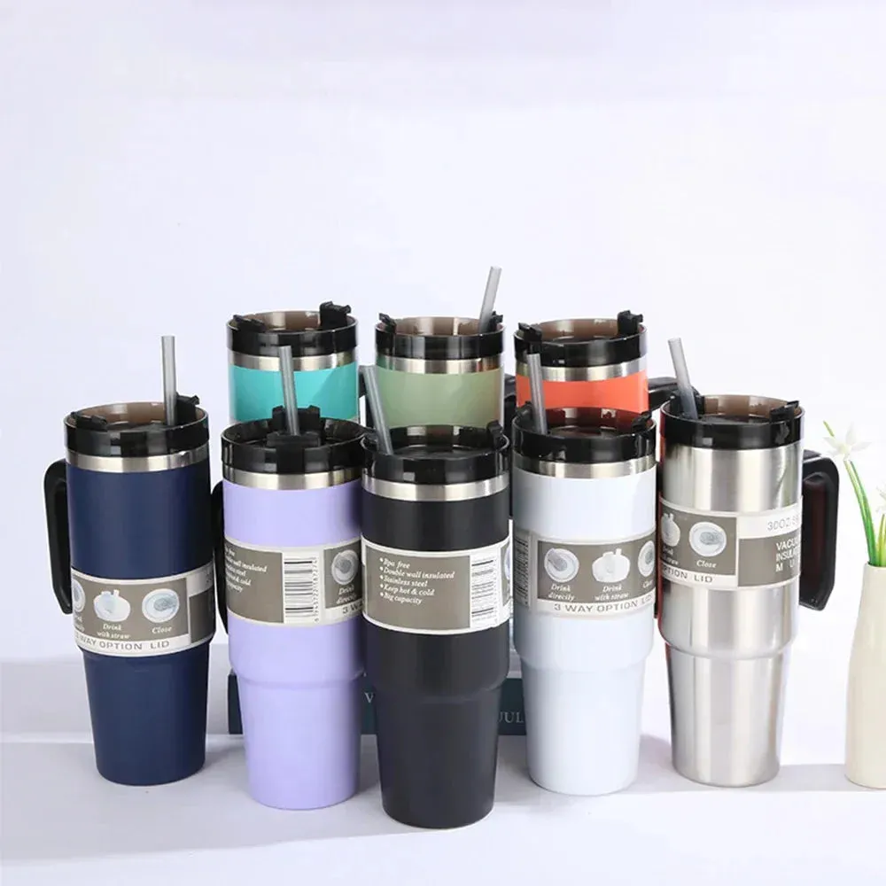 30/oz Stainless Steel Vacuum Insulated Tumbler with Lid Thermal Coffee Car Cup Travel Mug Medium capacitywith Handle Straw Mug