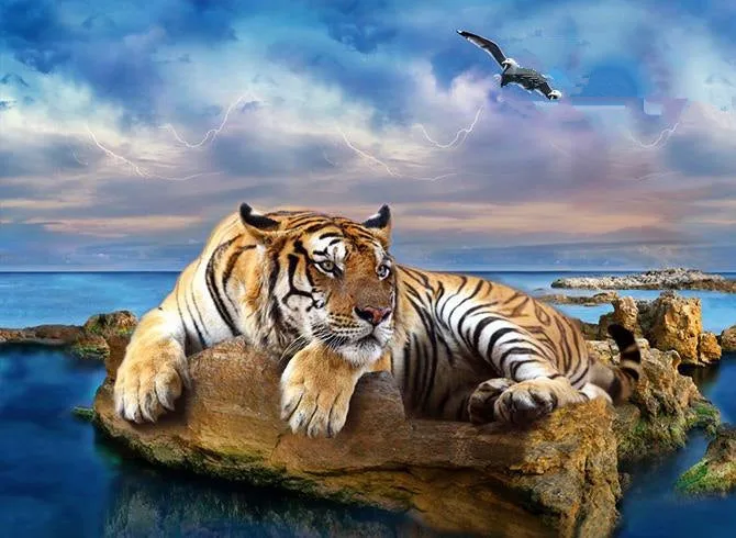 3D Yellow Tiger and Blue Ocean Printed Cotton Luxury 4-Piece Bedding Sets/Duvet Covers