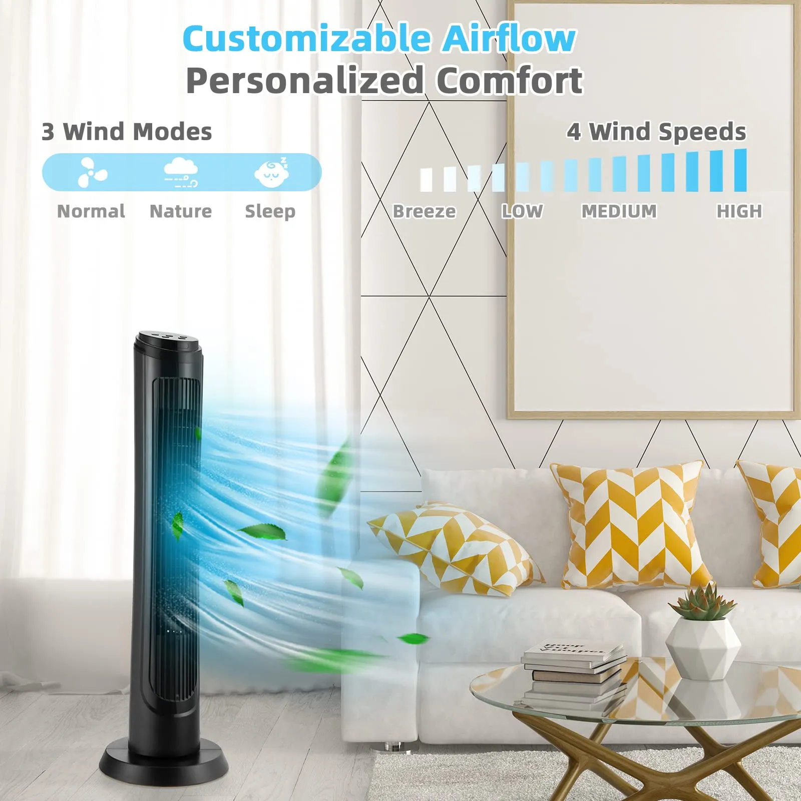 40 Inch Tower Fan with Remote, Oscillating Standing Fan with 3 Wind Modes