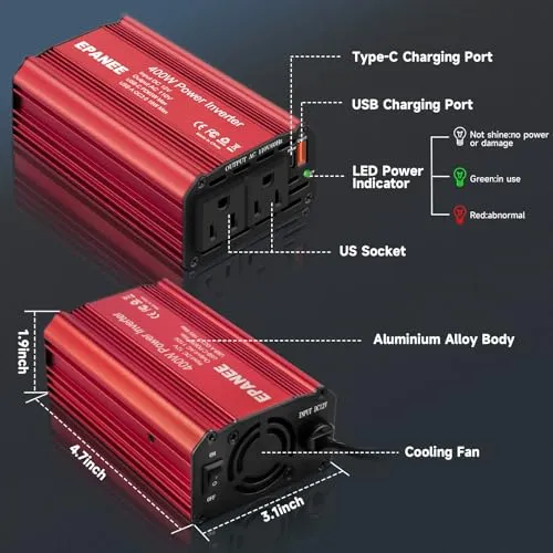 400W Power Inverter 12V DC to 110V AC, Car Charger Plug in Adapter Outlet with PD 65W USB-C&QC 18W Port, Portable Power Converters for Laptop Vehicles Camping Road Trip Essentials Adults