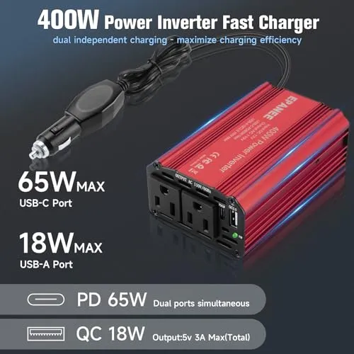 400W Power Inverter 12V DC to 110V AC, Car Charger Plug in Adapter Outlet with PD 65W USB-C&QC 18W Port, Portable Power Converters for Laptop Vehicles Camping Road Trip Essentials Adults