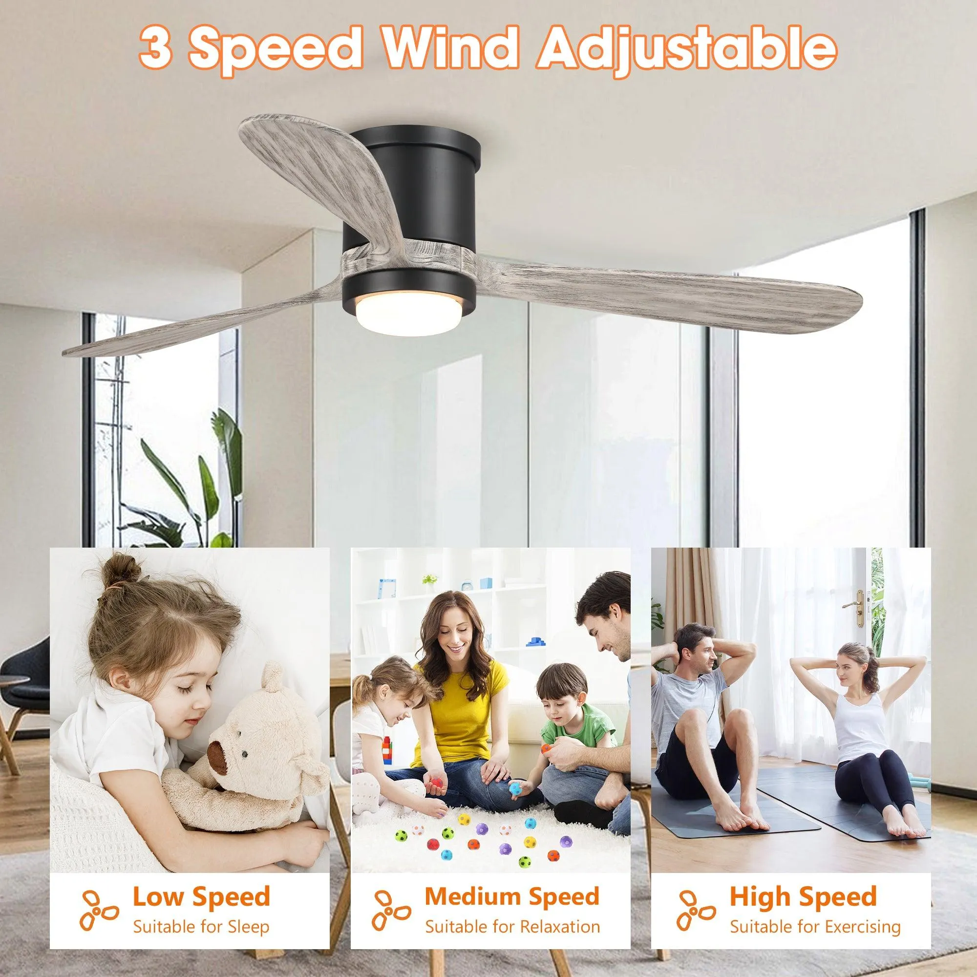 52" Anyan Farmhouse Flush Mount Reversible Ceiling Fan with Lighting and Remote Control