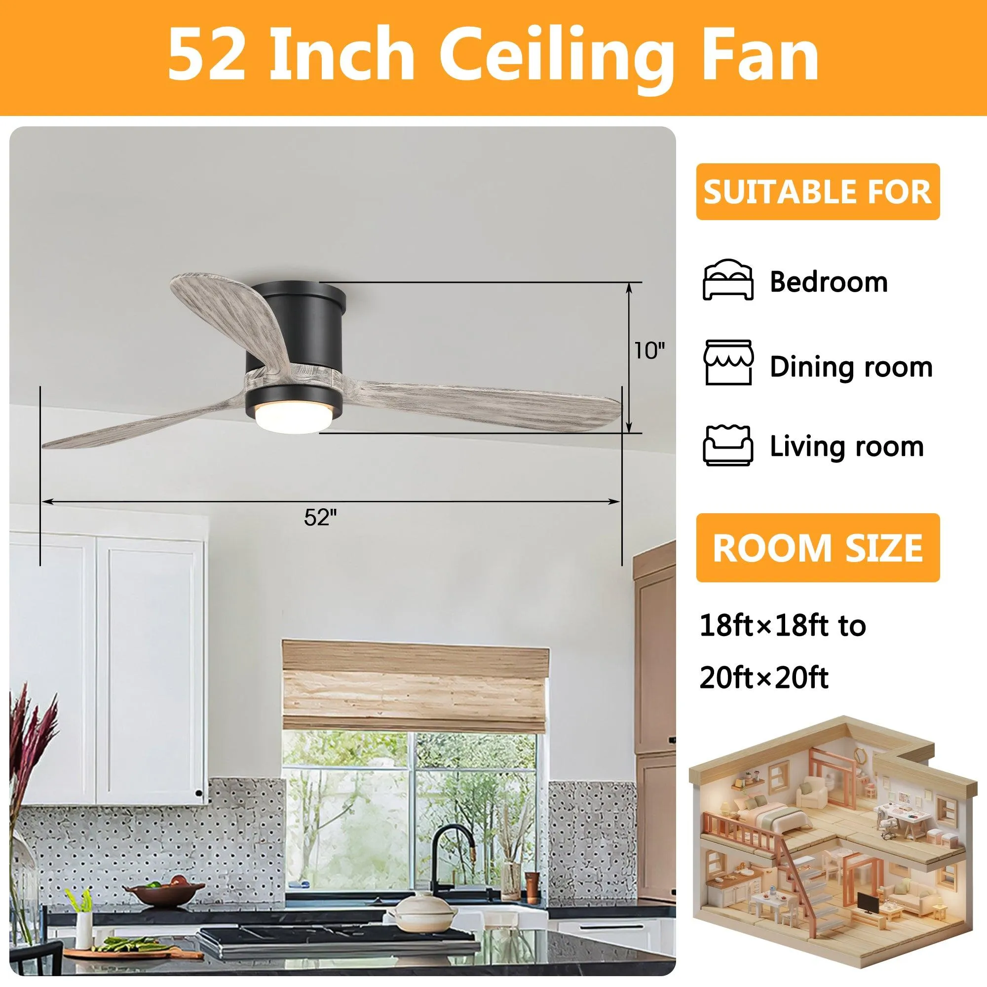 52" Anyan Farmhouse Flush Mount Reversible Ceiling Fan with Lighting and Remote Control