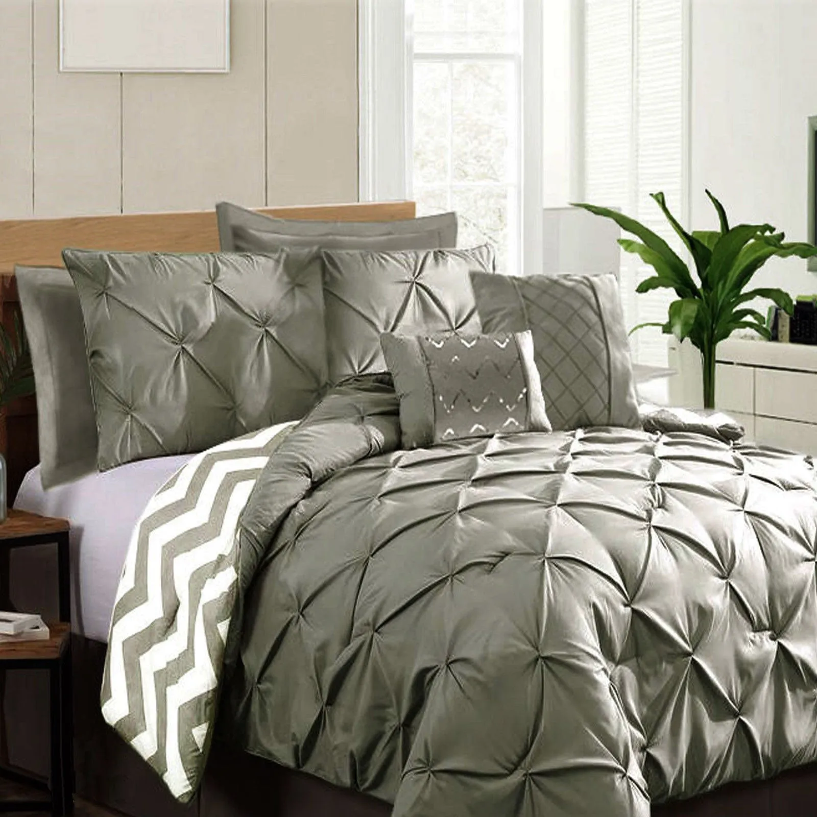 7 Piece Pinch Pleat Comforter Set Grey Queen