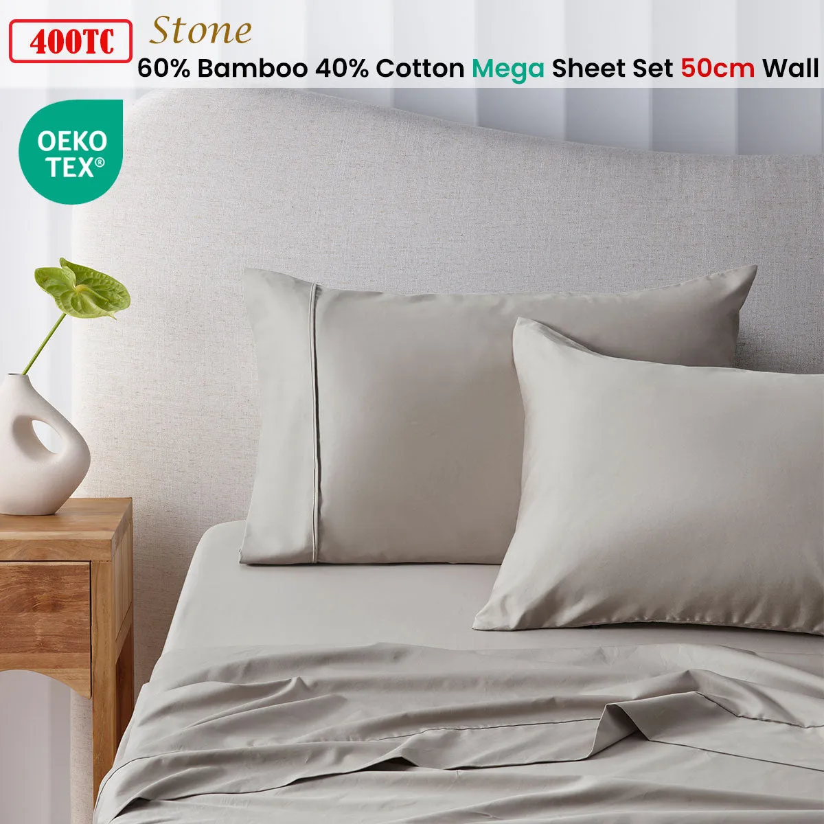 Accessorize 400TC Stone Bamboo Cotton Mega / Super Sheet Set 50cm Wall Super King