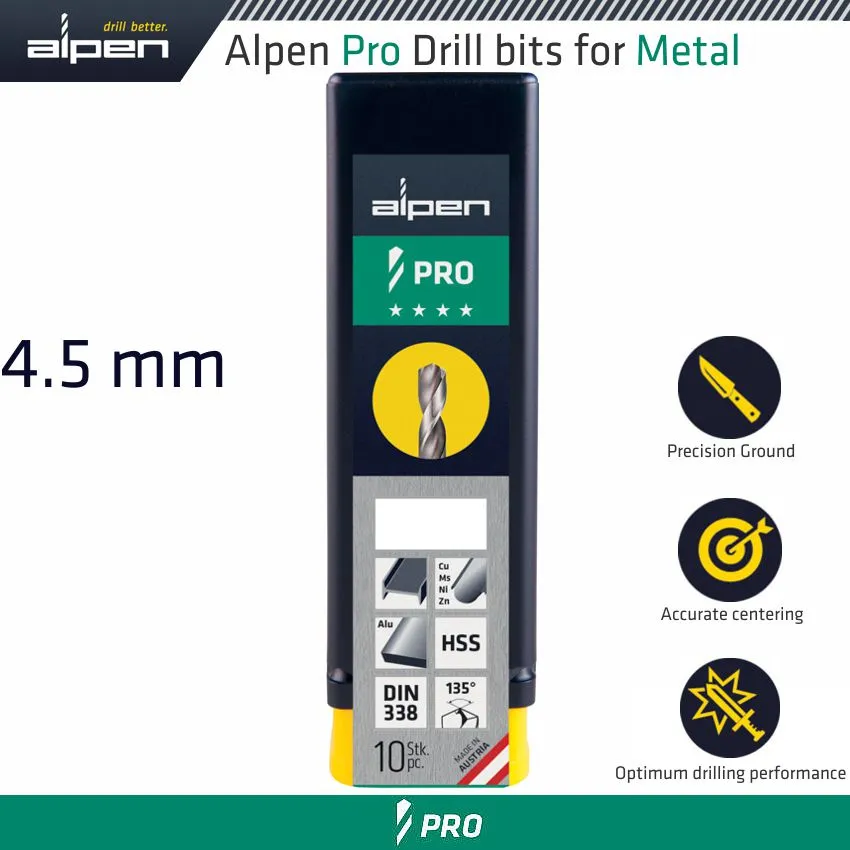 ALPEN ALPEN PRO HSS DRILL DIN 338 RN 135  WITH SPLIT POINT 4.5MM BULK ALP9540045