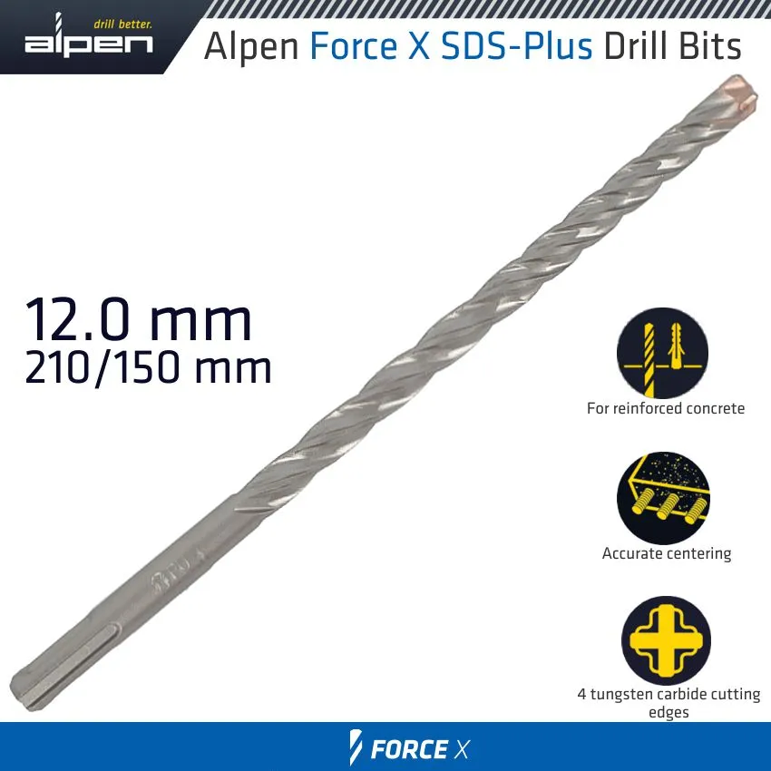 ALPEN FORCE X 12.0 x 210/150  SDS-PLUS DRILL BIT X4 CUTTING EDGES - BULK ALP764012