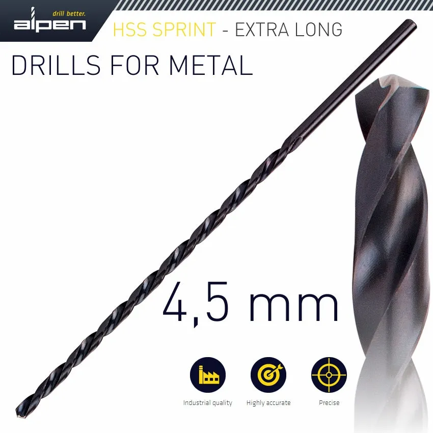 ALPEN HSS DRILL BIT 4.5MM 185 X 125 EXTRA LONG ALP101045