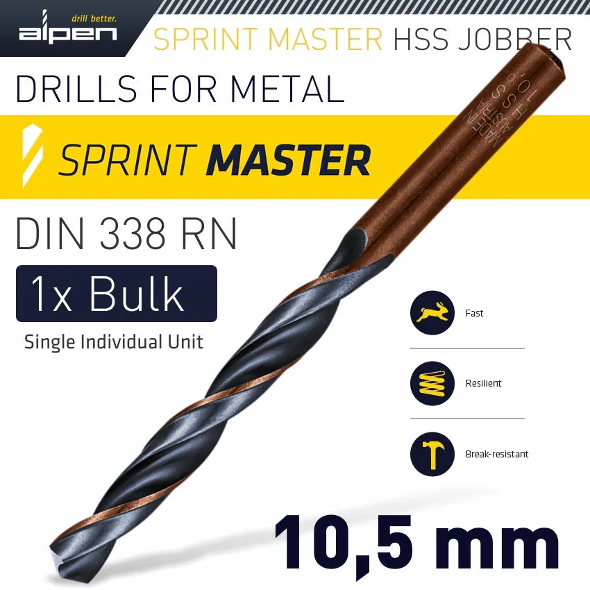 ALPEN HSS SPRINT MASTER 10.5MM BULK DIN 338 ALPEN DRILL BIT ALP6260105