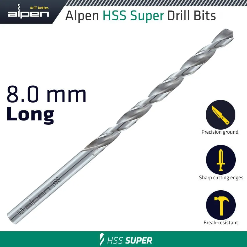 ALPEN HSS SUPER DRILL BIT LONG 8 X 165MM POUCH ALP52808