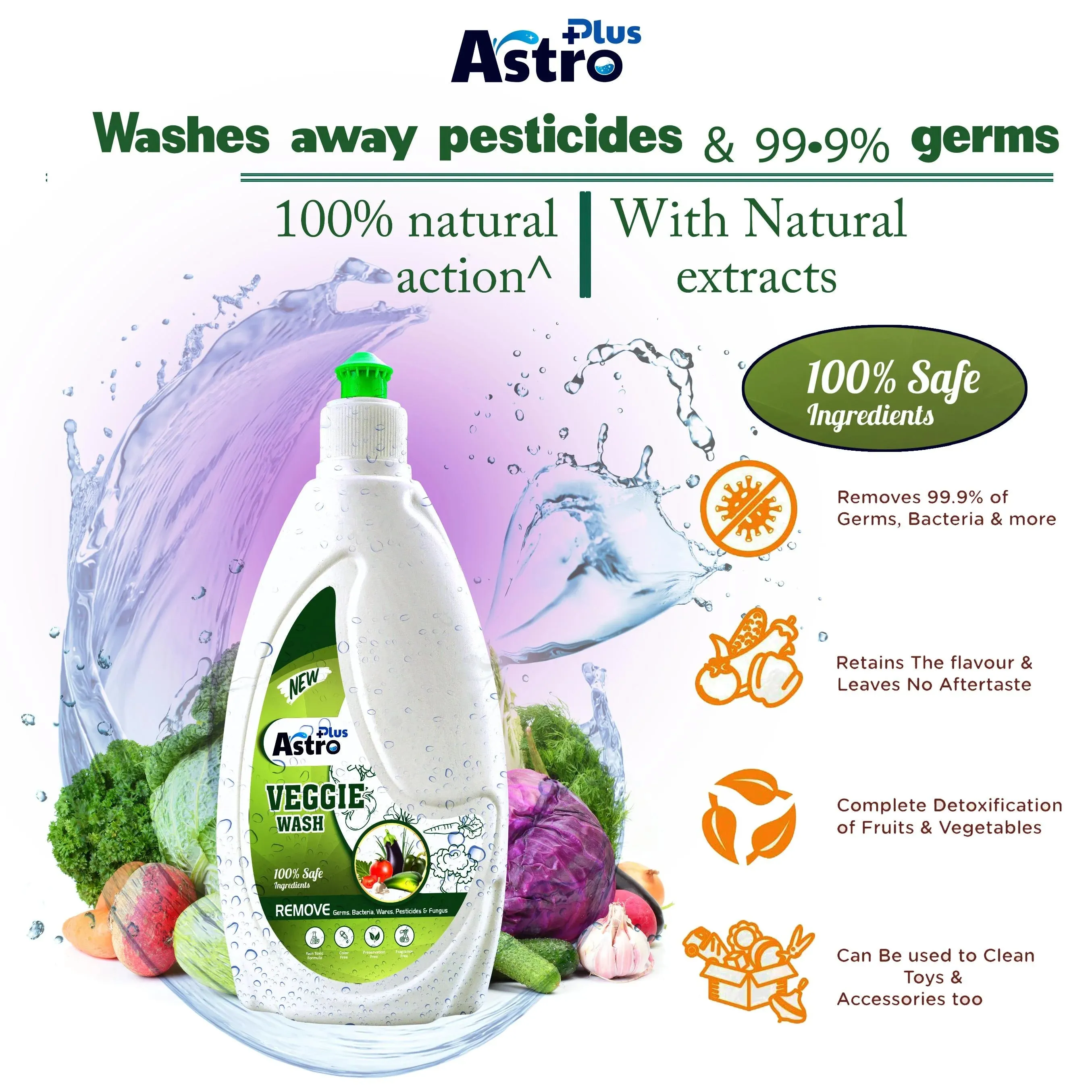 ASTRO PLUS Veggie Wash Clean Fruits & Vegetables Natural Action, Removes Pesticides Germs Safe to use on Veggies and Fruits Washing Liquid (500 ml)