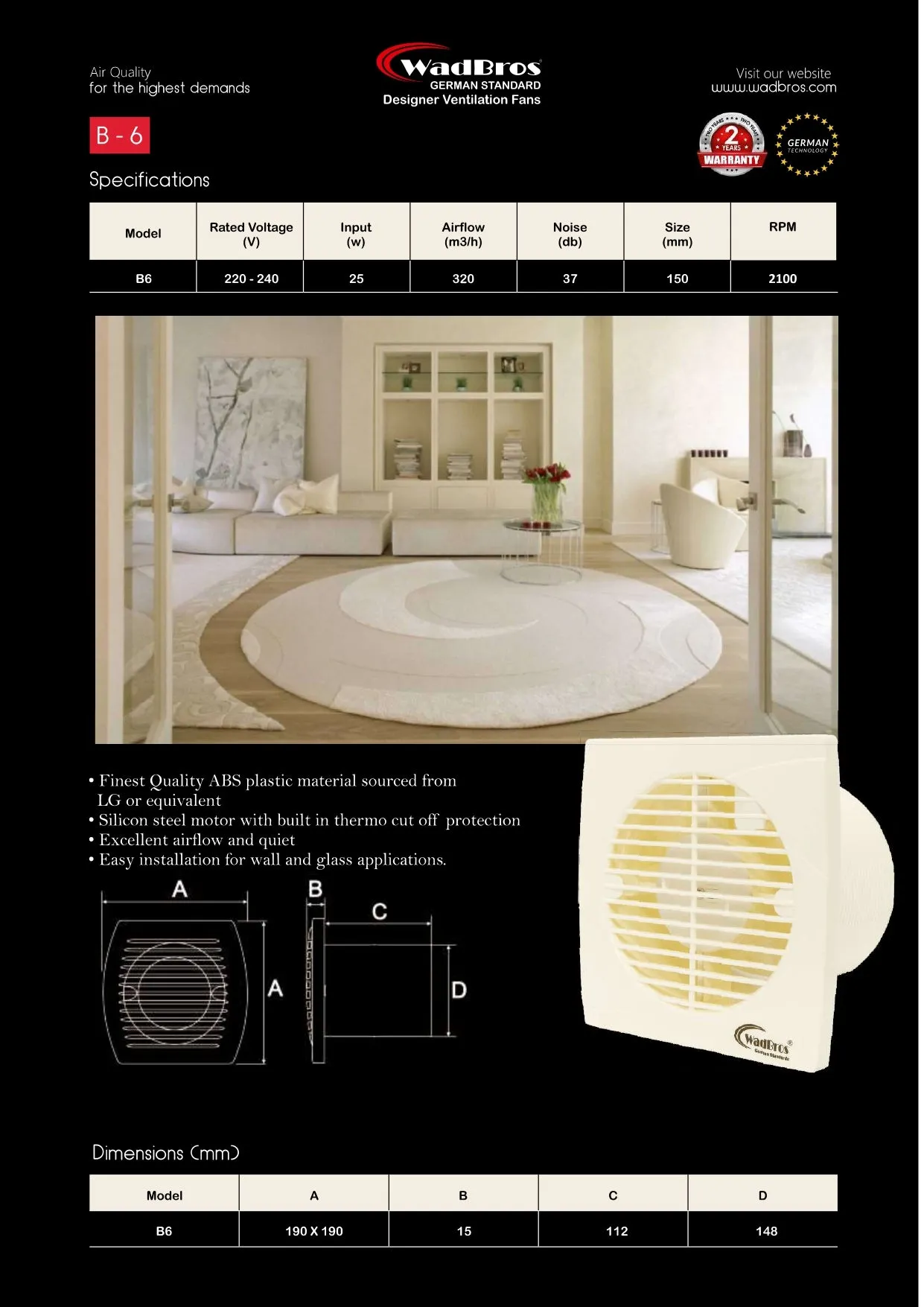 B6 - Series Ventilation/Exhaust Fan In Ivory By Wadbros