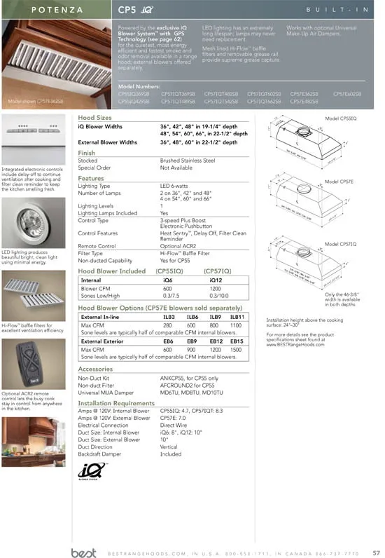 Best Range Hoods CP57IQT662SB 66" Stainless Steel Built-In Range Hood With Iq12 Blower System, 1500 Max Cfm