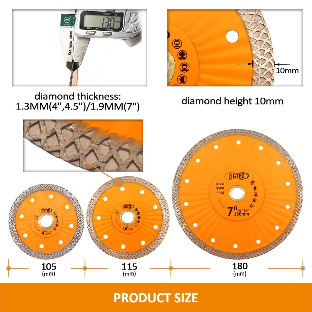 BGTEC Diamond Mesh Turbo Dry Cutting Disc with Welded Lug for Ceramic Tile Cutter Stone Masonry Dia 4''/4.5''/7''