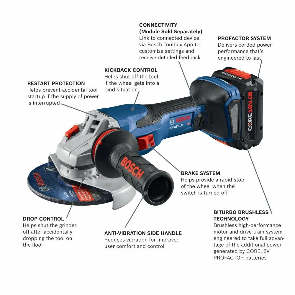 Bosch GWS18V-13CB14 PROFACTOR 18V Connected-Ready 5 – 6 In. Angle Grinder Kit with (1) CORE18V 8 Ah High Power Battery