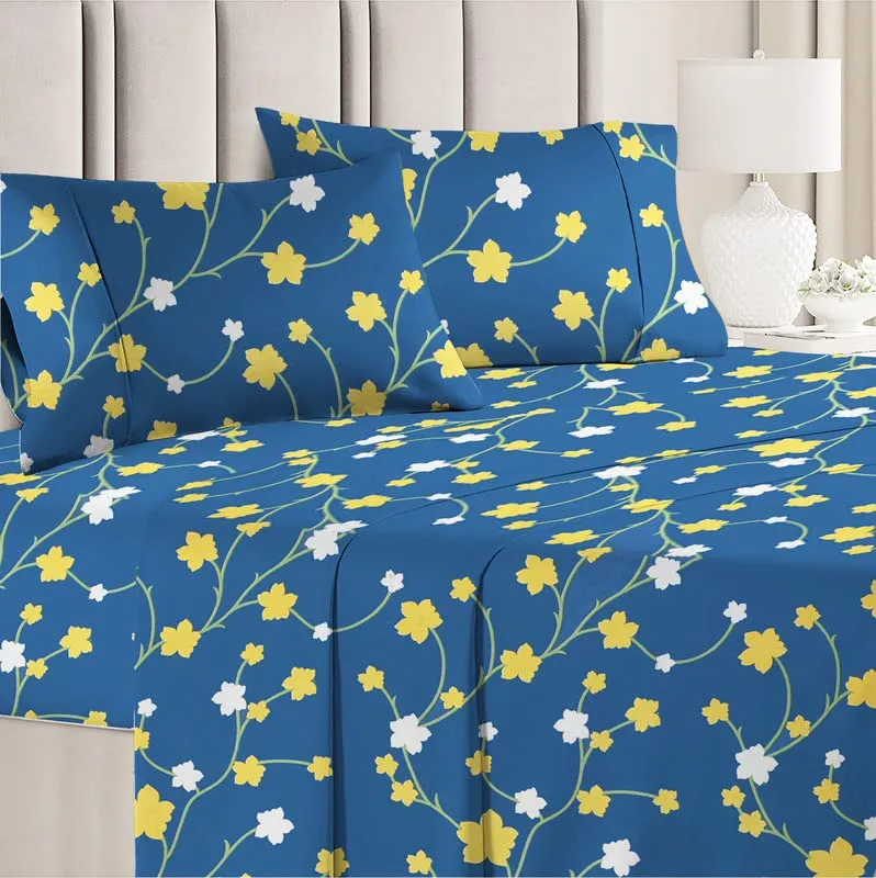 BSB HOME 120 TC Double Abstract Floral Bedsheet with 2 Pillow Covers | 110 GSM Soft Brushed Microfiber - Breathable & Wrinkle Free - (86 X 88 Inch, Dark Blue & Yellow & White) - Aspire Collections