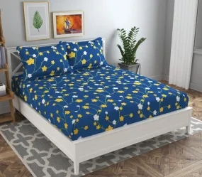 BSB HOME 120 TC Double Abstract Floral Bedsheet with 2 Pillow Covers | 110 GSM Soft Brushed Microfiber - Breathable & Wrinkle Free - (86 X 88 Inch, Dark Blue & Yellow & White) - Aspire Collections