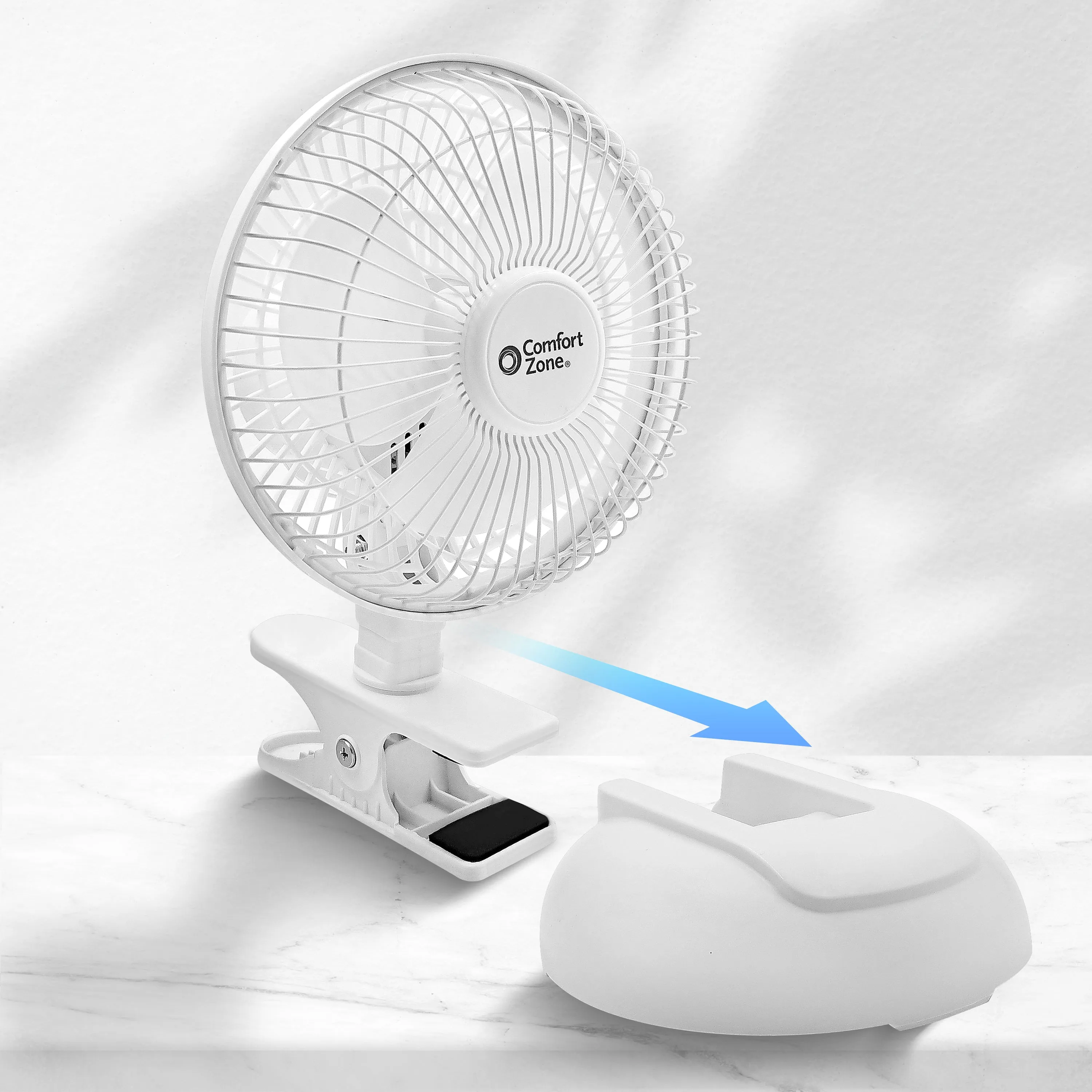 Comfort Zone 6" 2-Speed Clip Fan with Base in White & Black