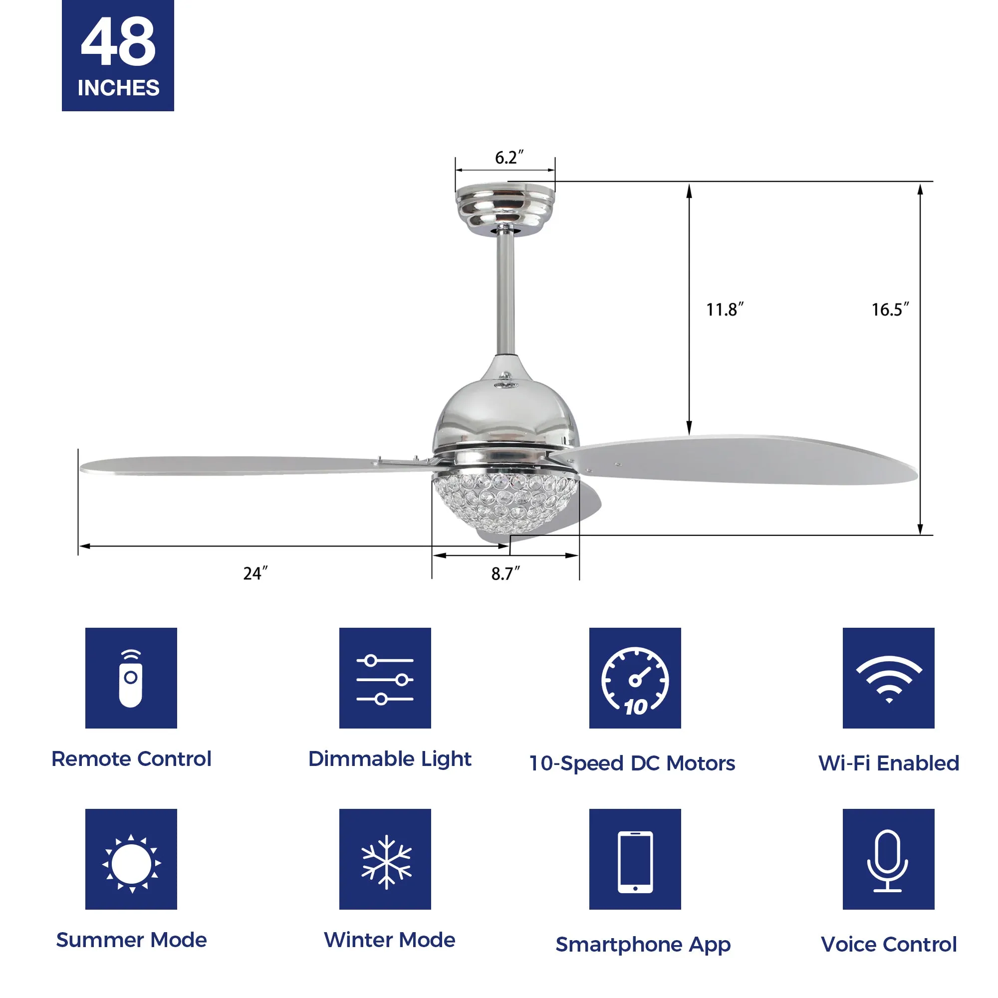 Corvin Smart Ceiling Fan with Integrated LED Light and Remote 48 inch