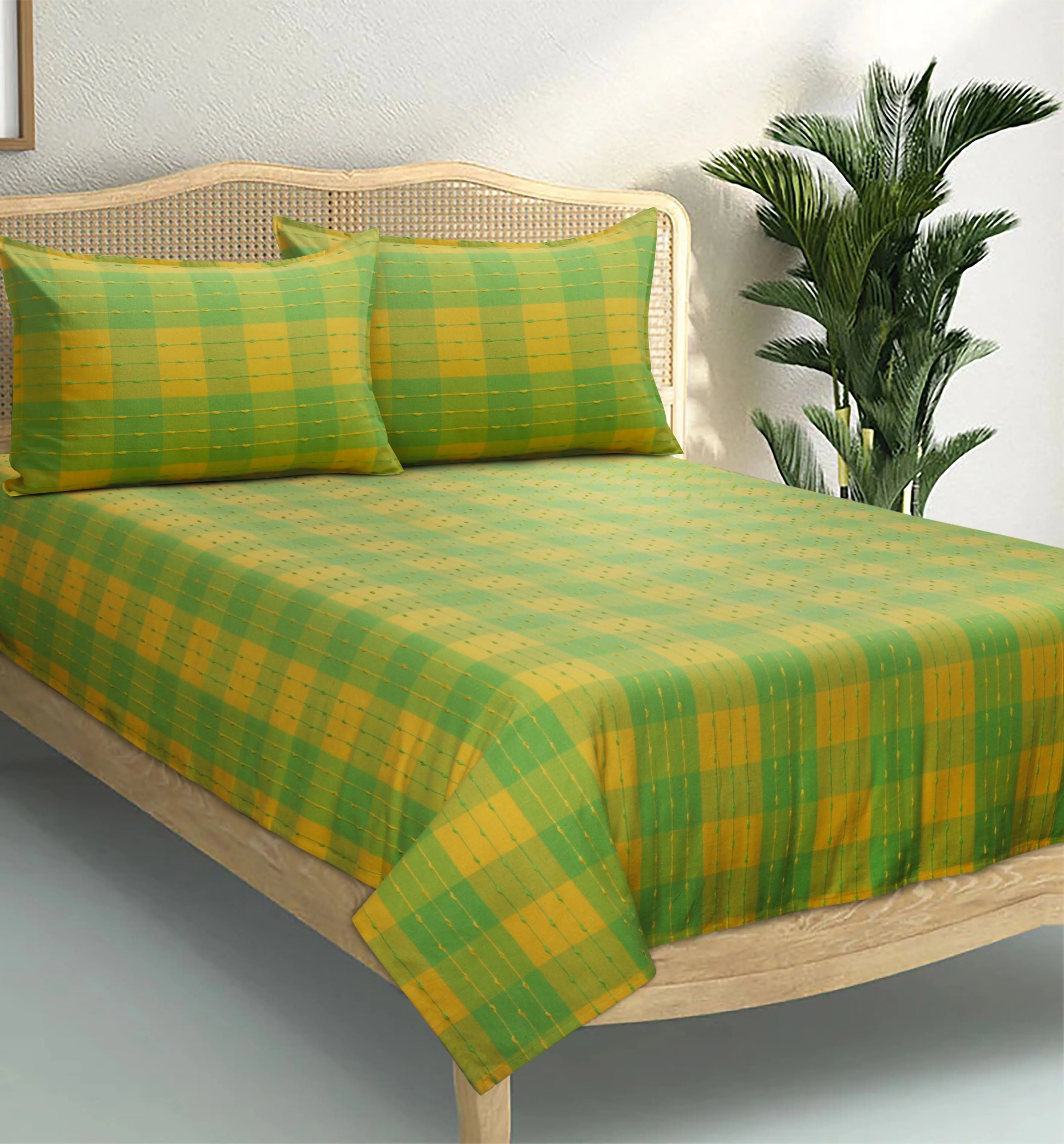 Cotton Designer Dobby Checkered Bedsheet with Pillow Covers (Green, Yellow) - available sizes, Single, Double/Queen, King and Super King