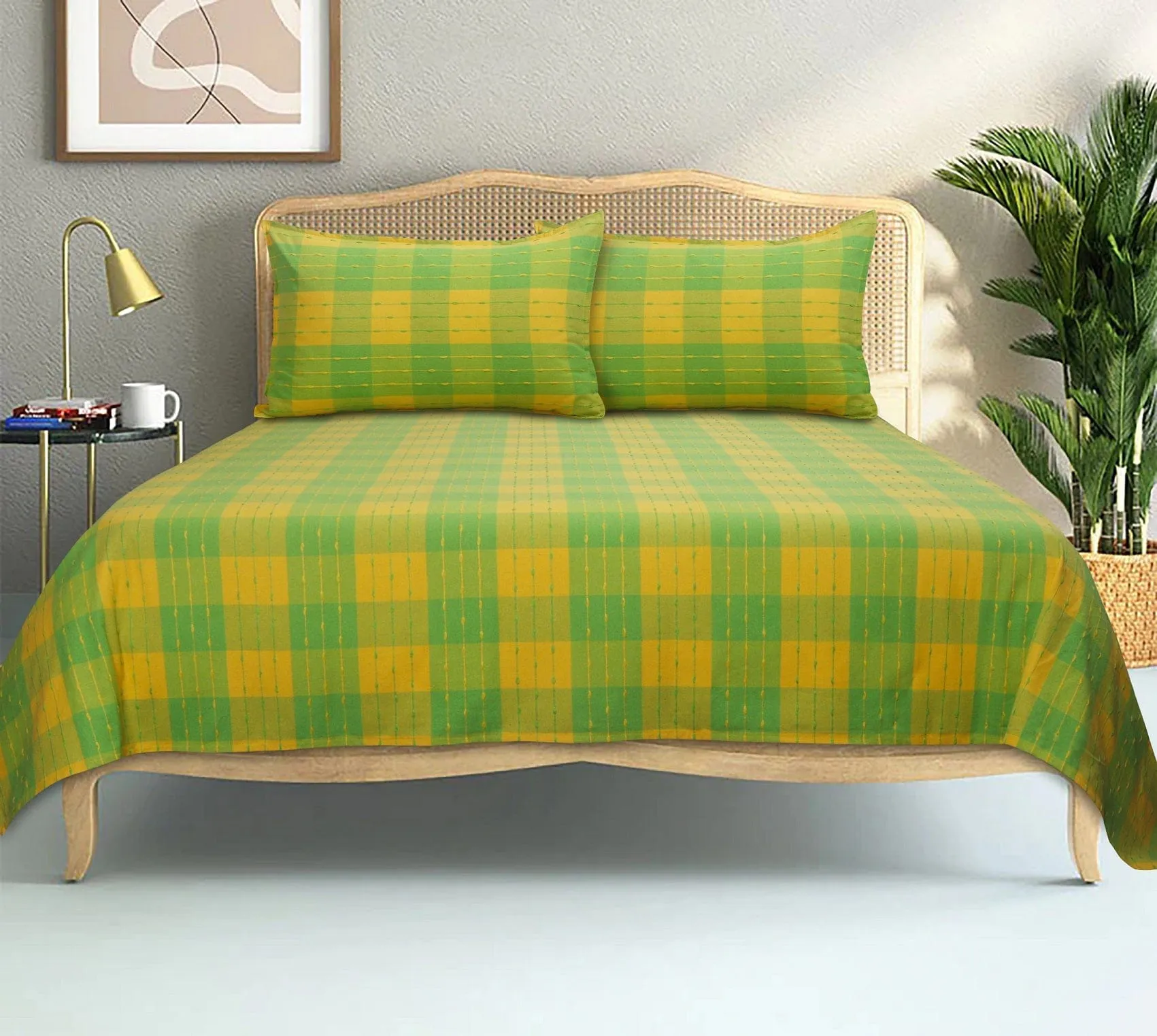 Cotton Designer Dobby Checkered Bedsheet with Pillow Covers (Green, Yellow) - available sizes, Single, Double/Queen, King and Super King