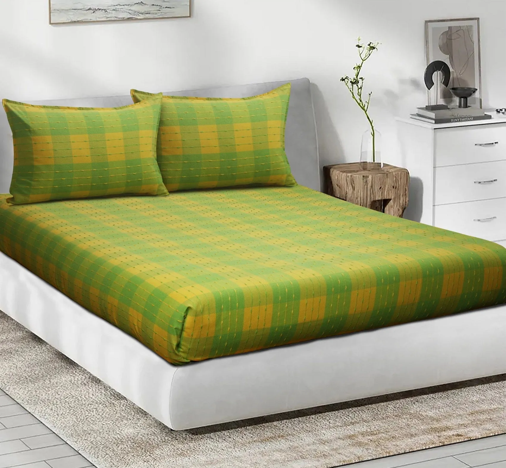 Cotton Designer Dobby Checkered Bedsheet with Pillow Covers (Green, Yellow) - available sizes, Single, Double/Queen, King and Super King