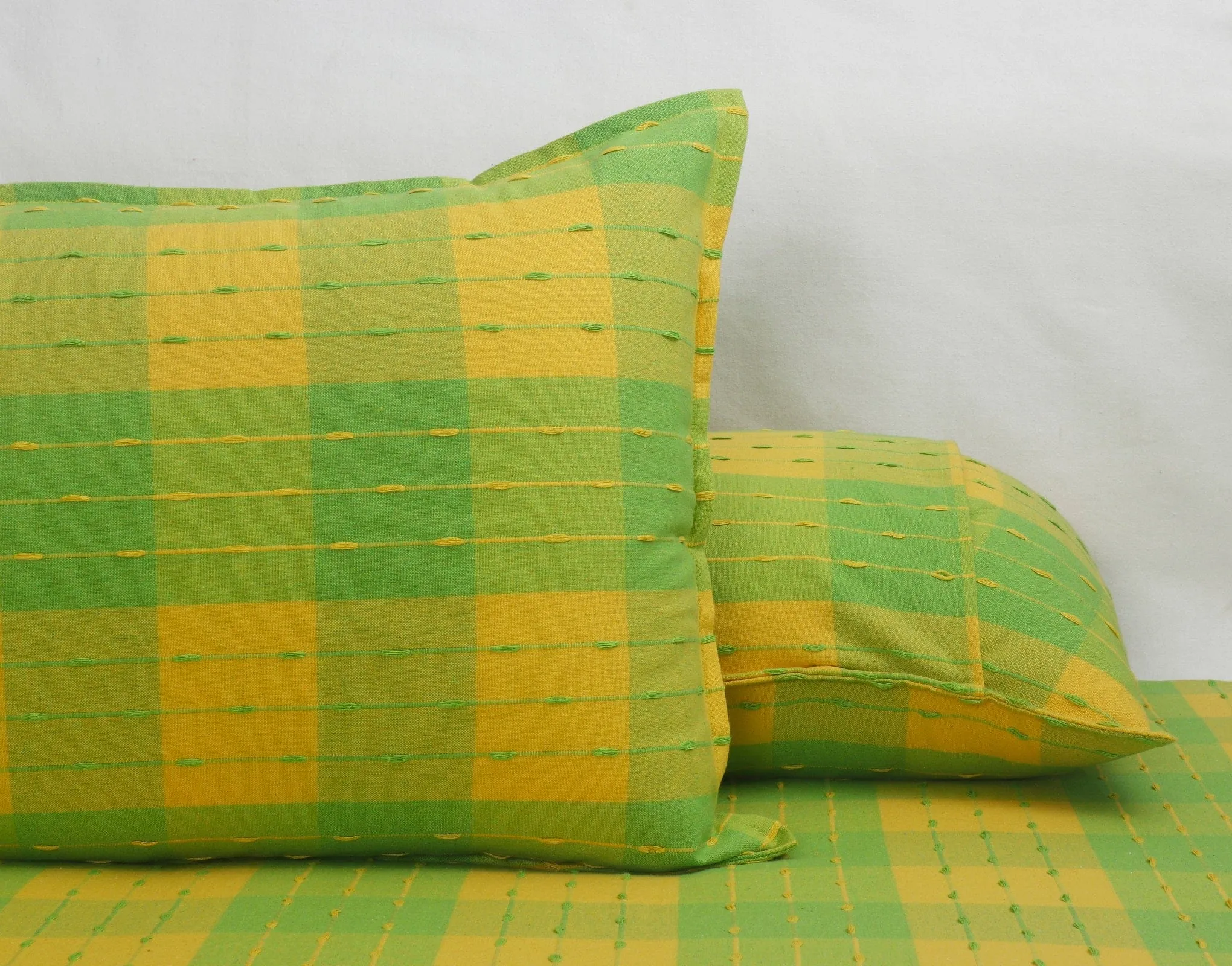 Cotton Designer Dobby Checkered Bedsheet with Pillow Covers (Green, Yellow) - available sizes, Single, Double/Queen, King and Super King