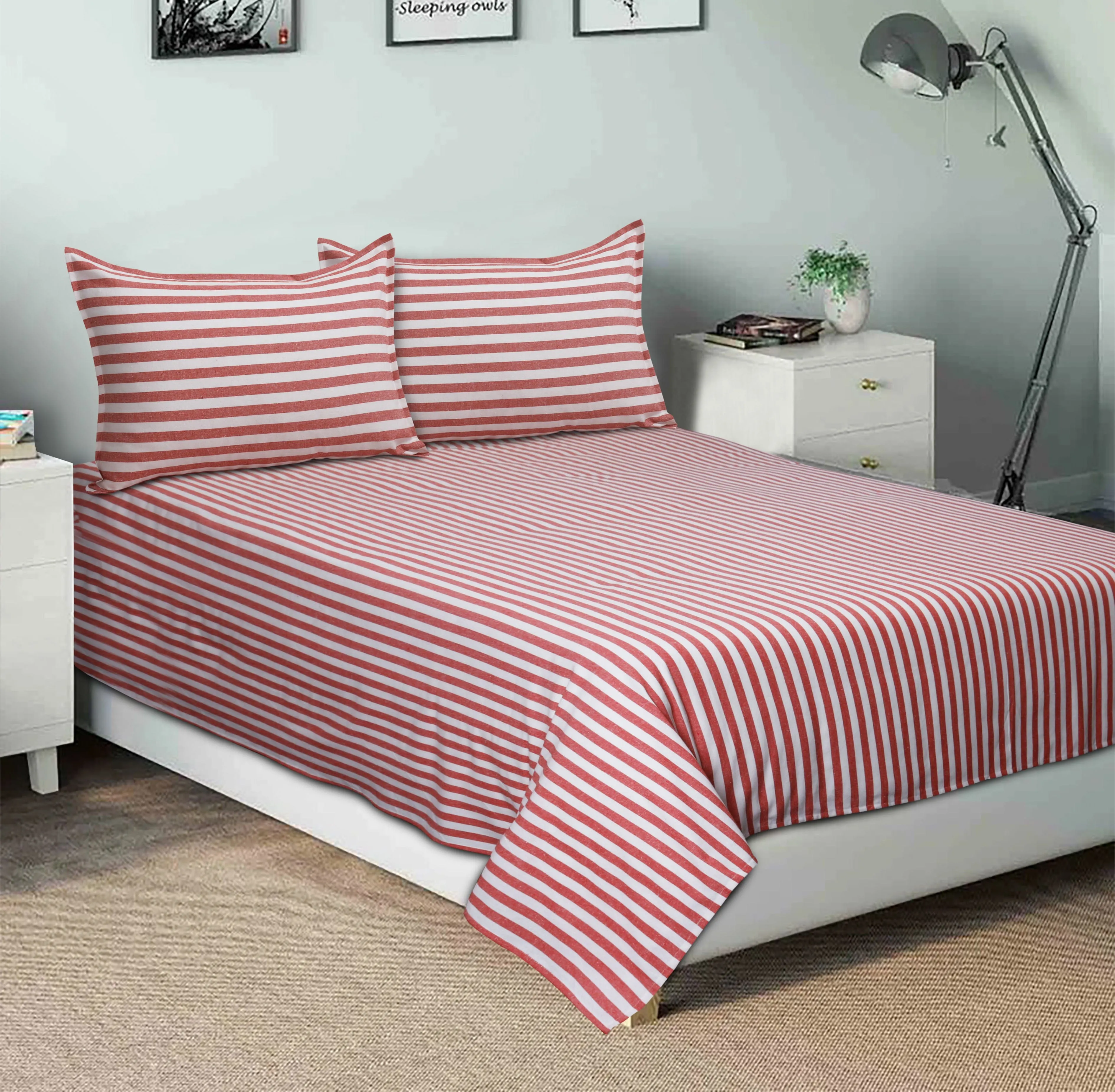 Cotton Striped Bedsheet with Pillow Covers (Red) - available sizes, Single, Double/Queen, King and Super King