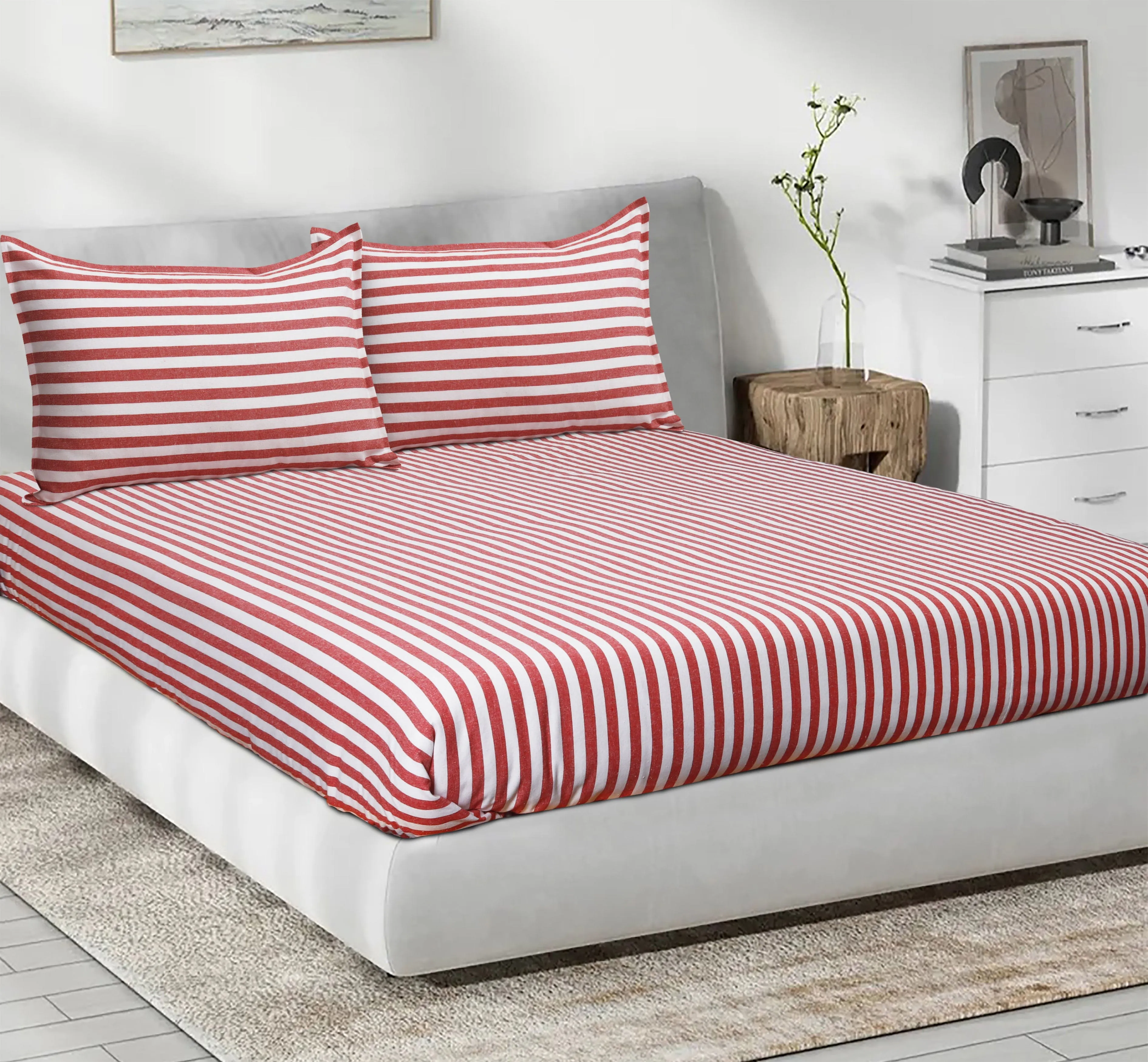 Cotton Striped Bedsheet with Pillow Covers (Red) - available sizes, Single, Double/Queen, King and Super King