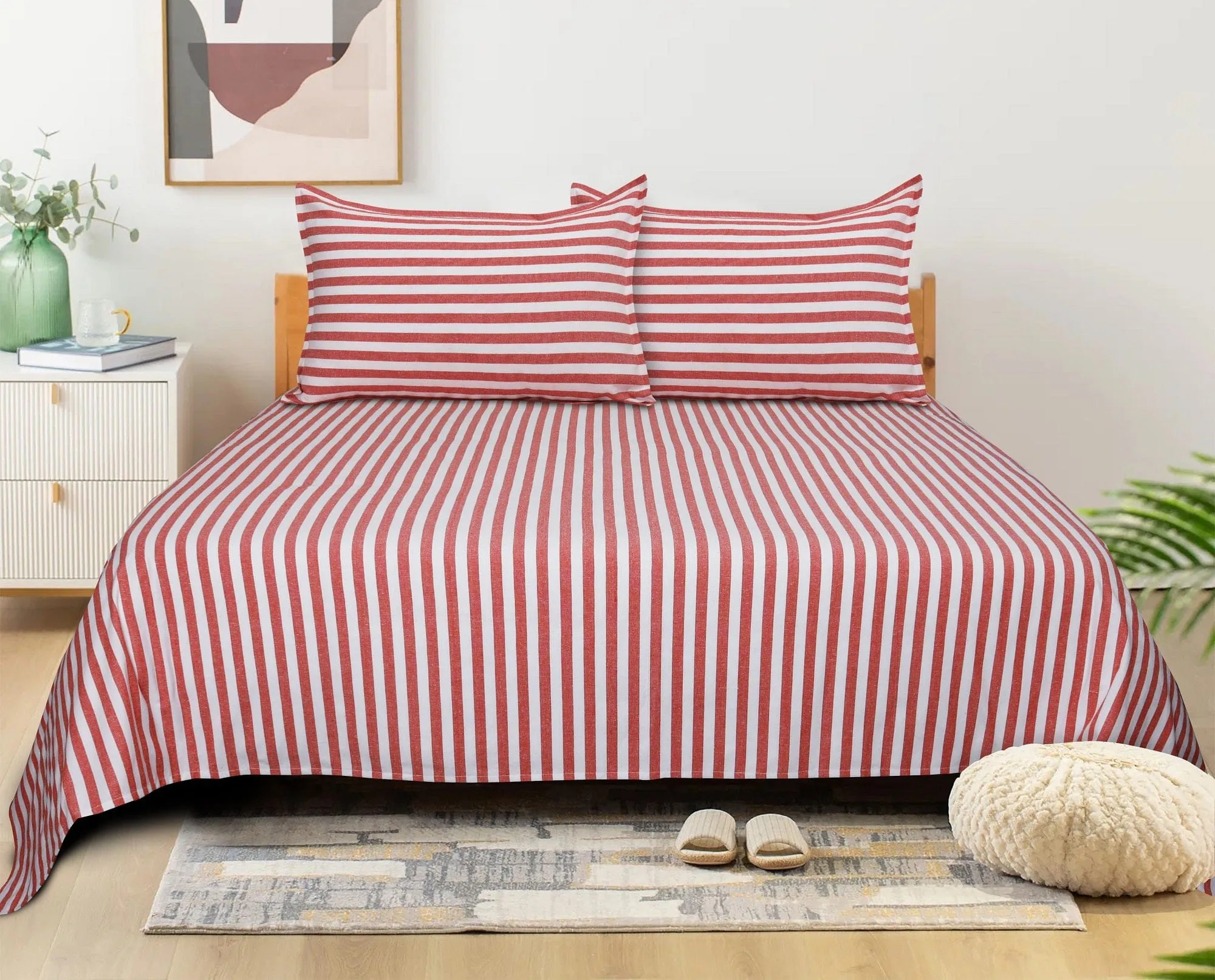 Cotton Striped Bedsheet with Pillow Covers (Red) - available sizes, Single, Double/Queen, King and Super King