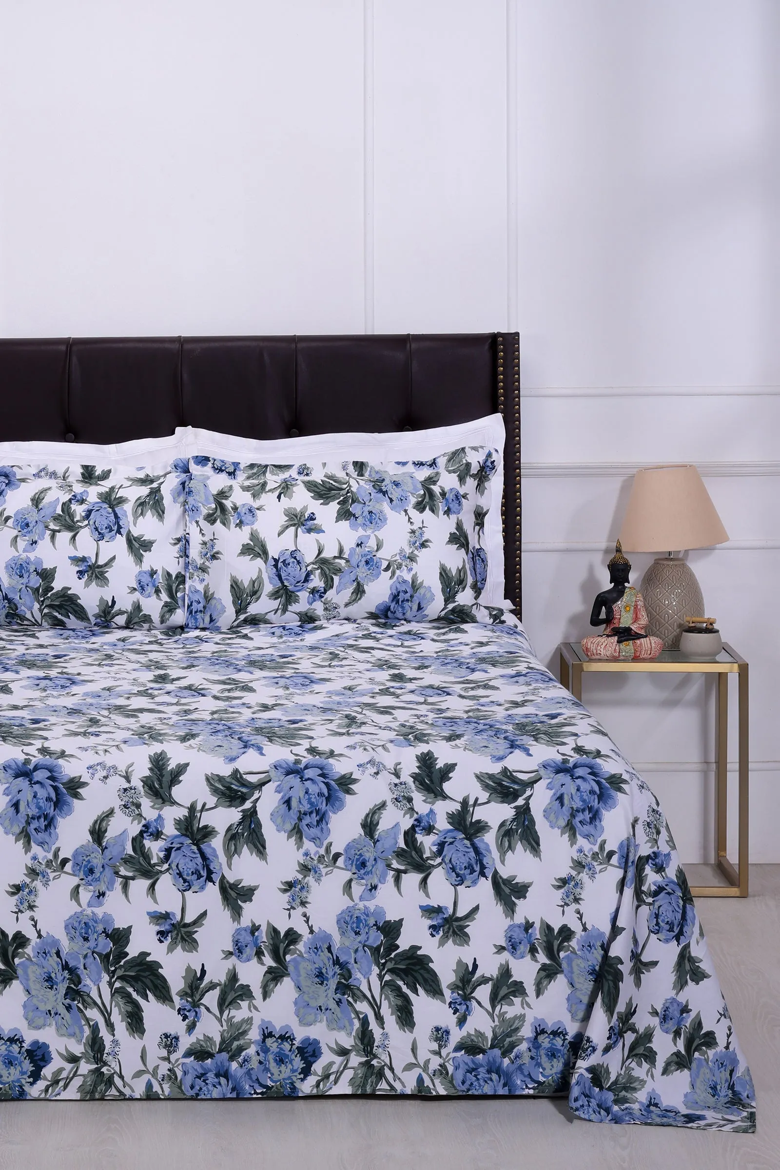 Dahlia Garden White and Blue Cotton  Bedsheet