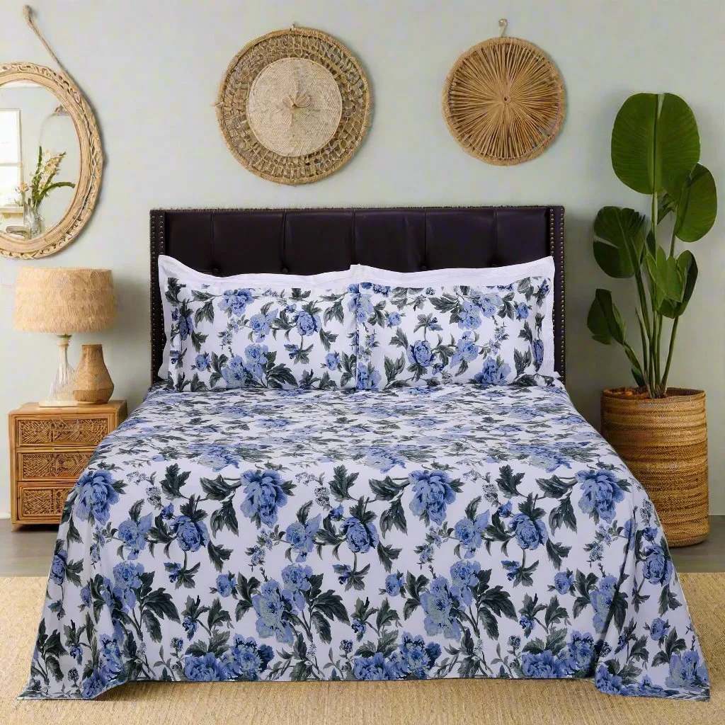 Dahlia Garden White and Blue Cotton  Bedsheet