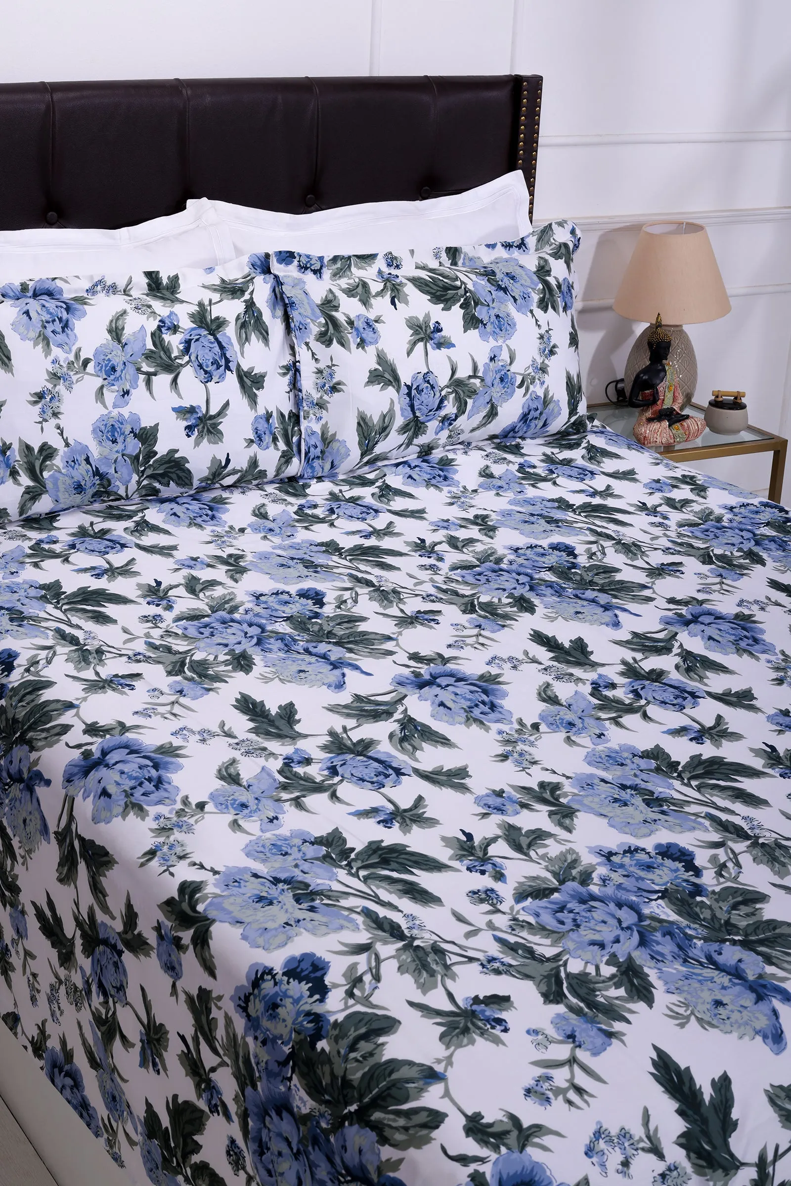 Dahlia Garden White and Blue Cotton  Bedsheet