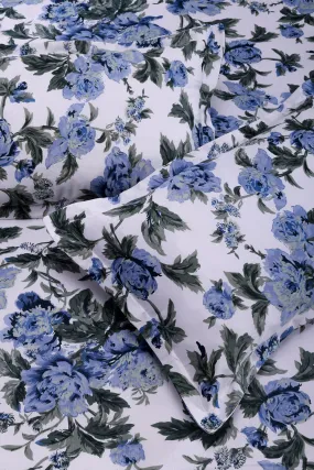 Dahlia Garden White and Blue Cotton  Bedsheet