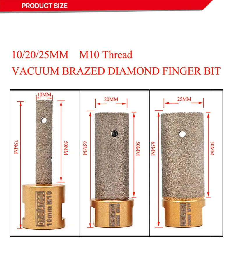 DT-DIATOOL Vacuum Brazed Diamond Finger/Milling Bits M10 Thread for Tile Porcelain Hard Ceramic Diameter 10/15/20/25/30/35mm