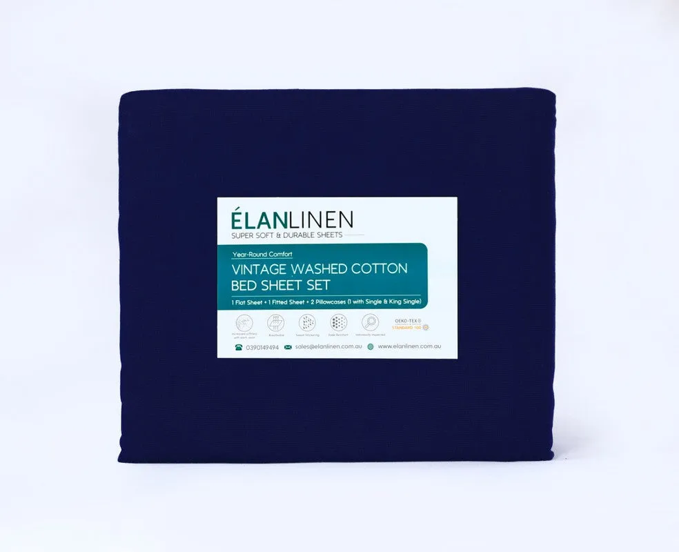 Elan Linen 100% Egyptian Cotton Vintage Washed 500TC Navy Blue King Bed Sheets Set