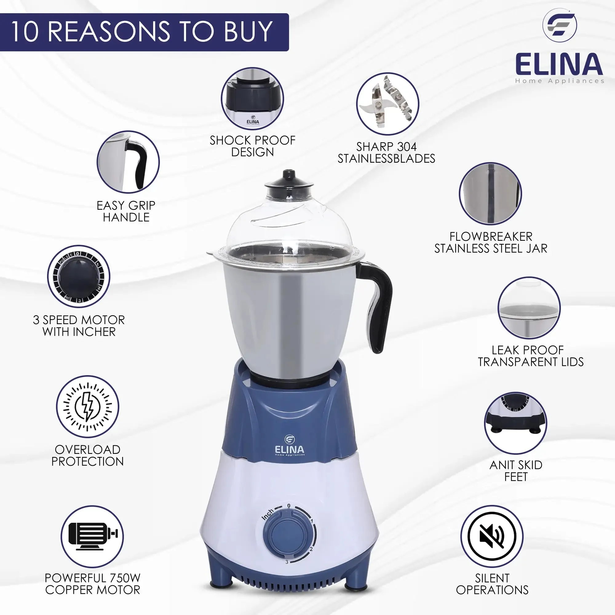 Elina 750W Mixer Grinder, 3 Jar, Blue/White