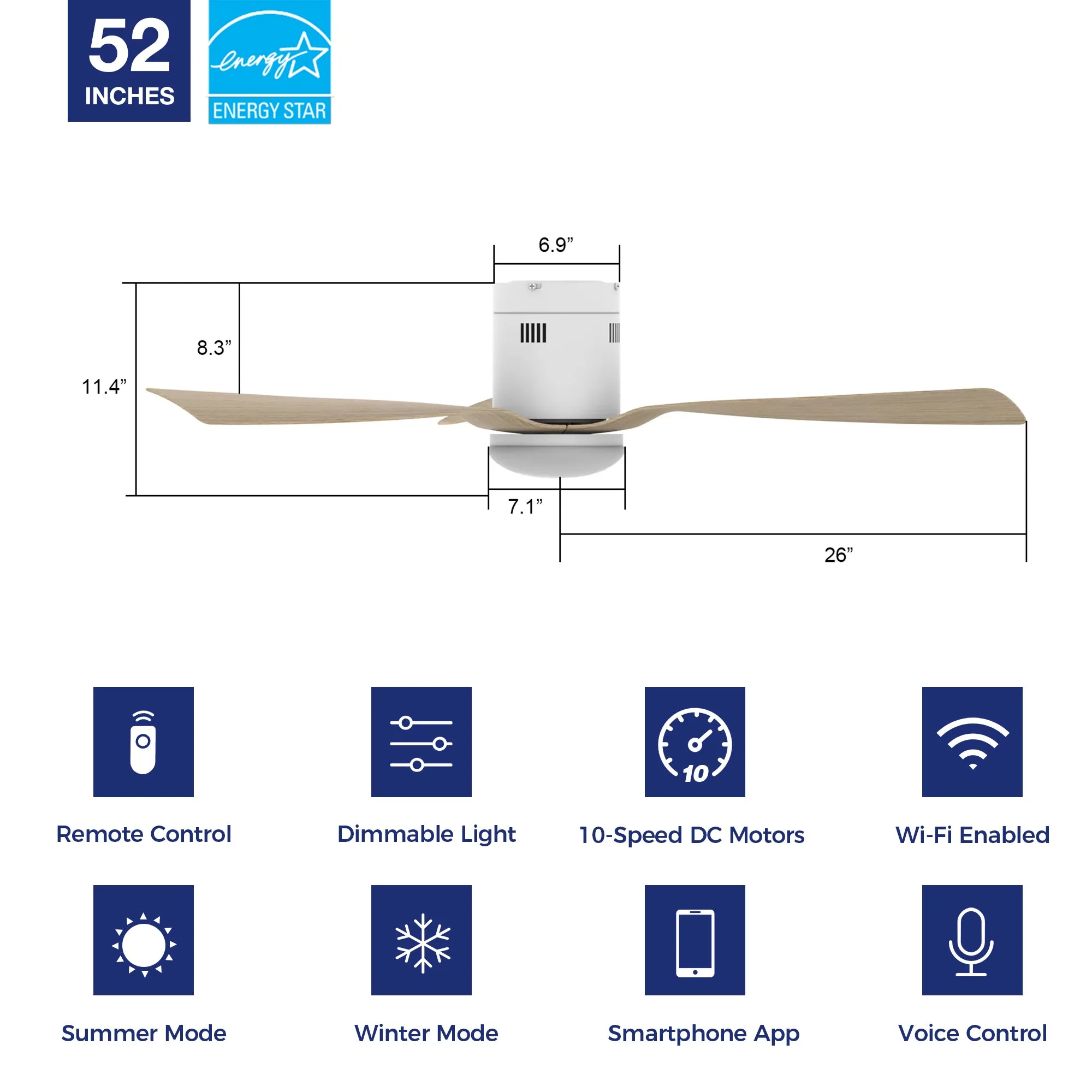 Elite Low Profile Outdoor/Indoor smart Fan with LED Light Remote 52"