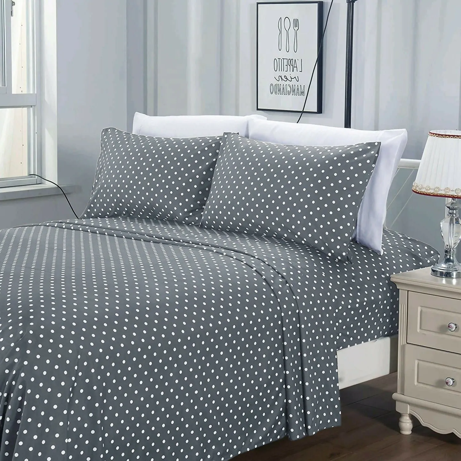 Fitted Bed Sheet-Grey Polka