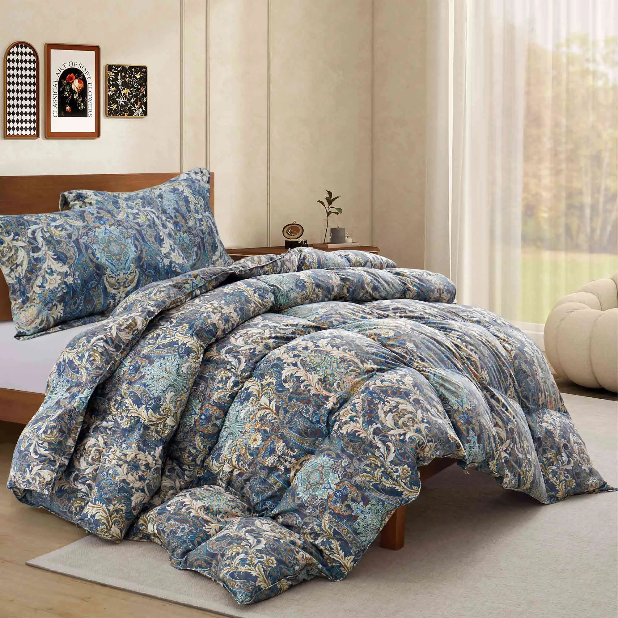 Floral Paisley Down Feather Fiber Comforter Set – Warm Winter Bedding for Cold Weather