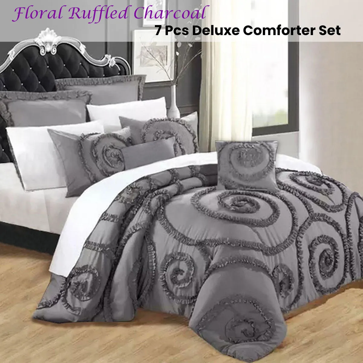 Floral Ruffled Charcoal 7 Pcs Deluxe Comforter Set King