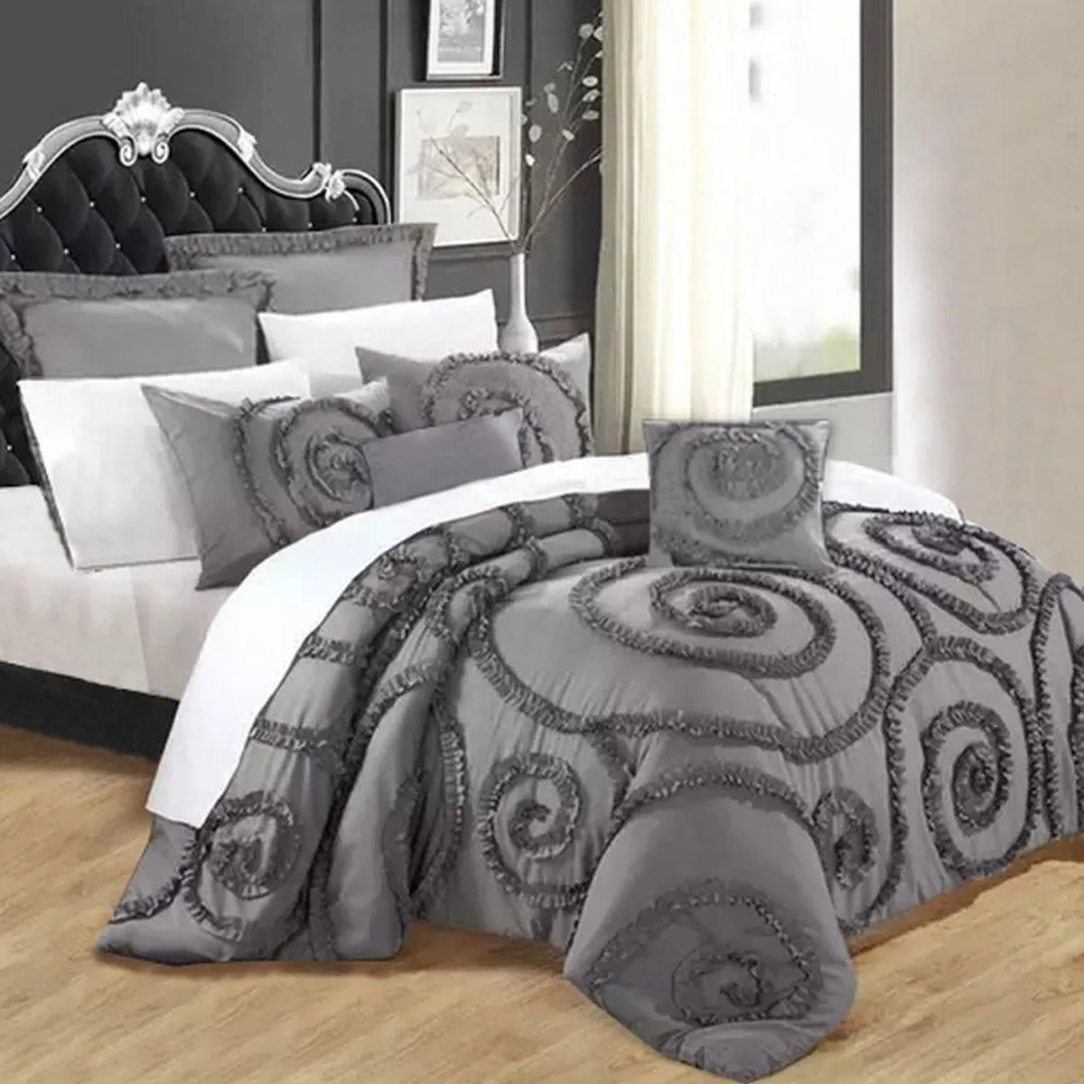 Floral Ruffled Charcoal 7 Pcs Deluxe Comforter Set King