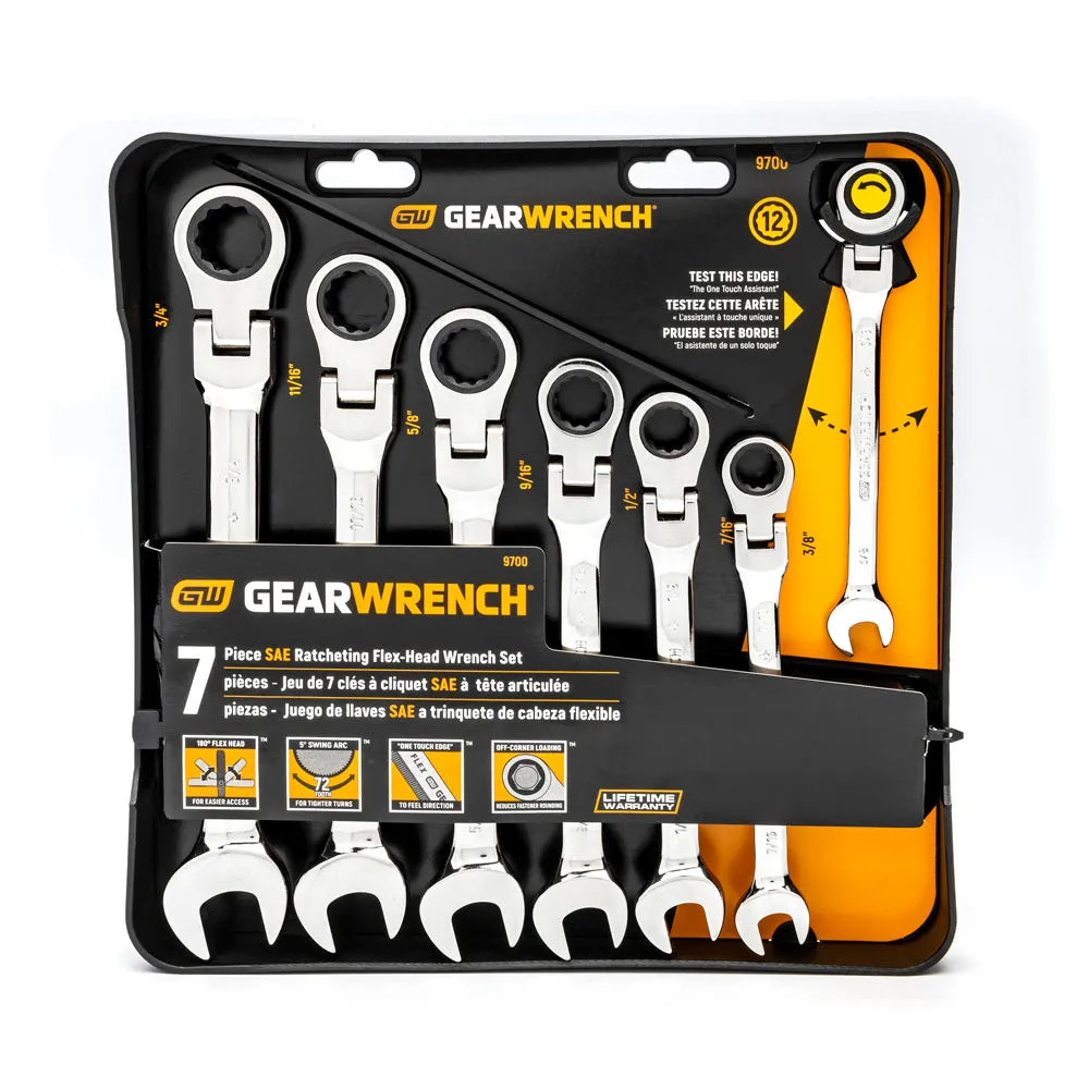 GearWrench 9700 7 Pc. 72-Tooth 12 Point Flex Head Ratcheting Combination SAE Wrench Set