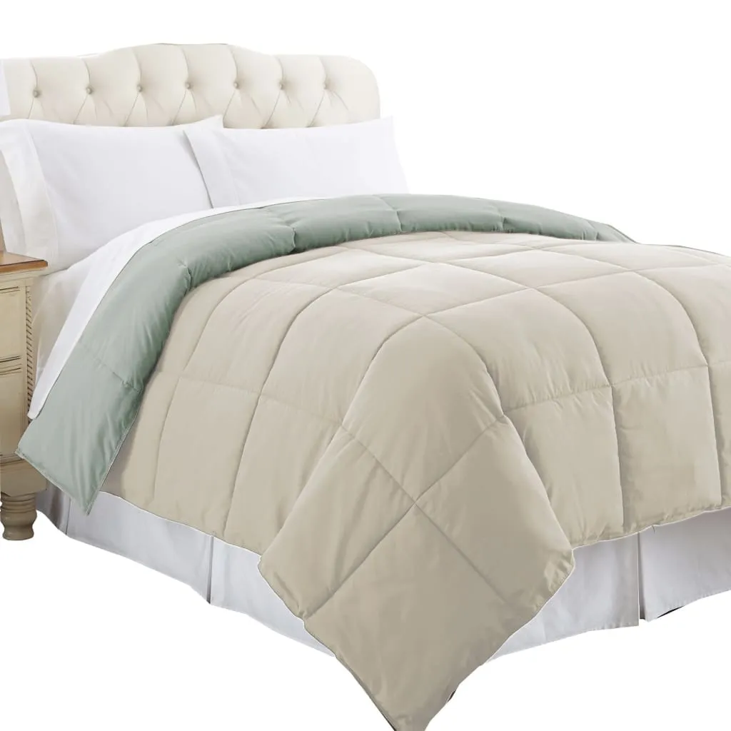 Genoa Twin Size Box Quilted Reversible Comforter By Casagear Home, Gray and Beige