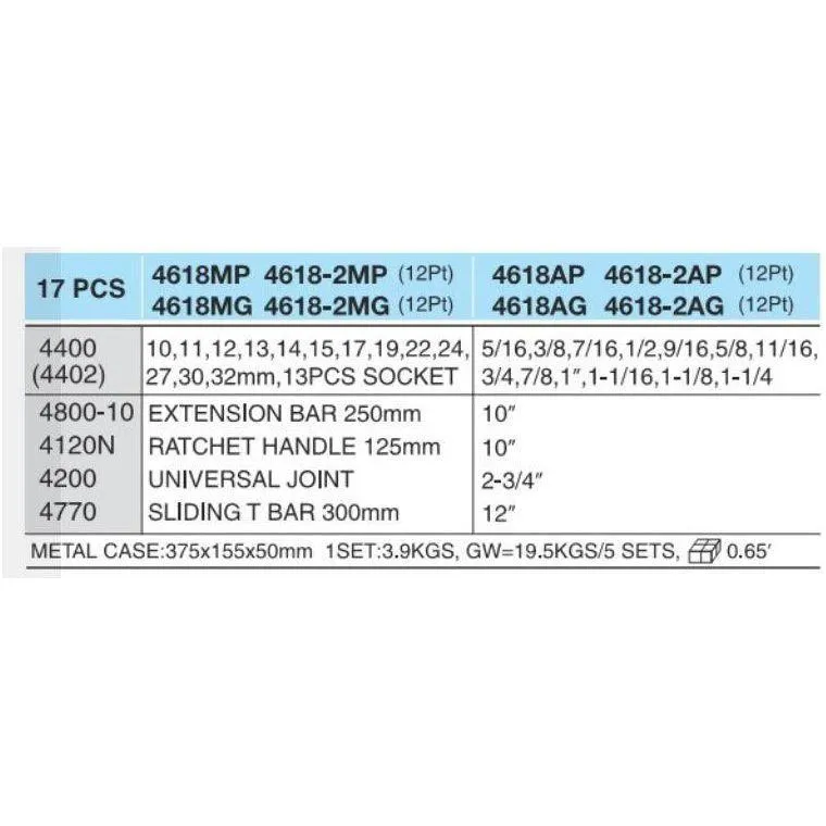 Hans 4618 1/2" Drive 17pcs Socket Wrench Set