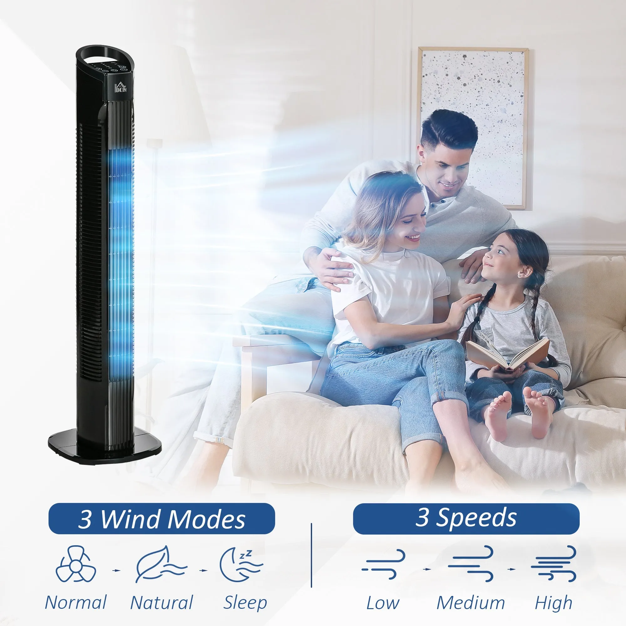 HOMCOM LED Tower Fan with 70° Oscillation 3 Speed 3 Mode LED Panel Remote Black