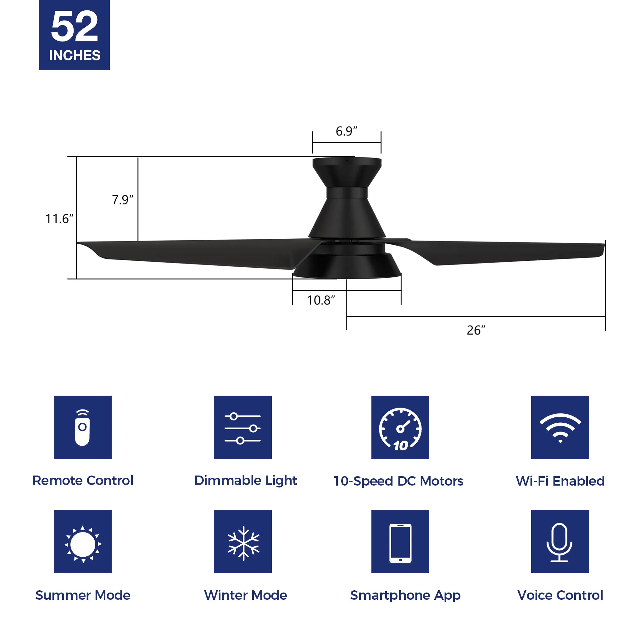 Jett Low Profile Smart Ceiling Fan with LED Light and remote 52 inch