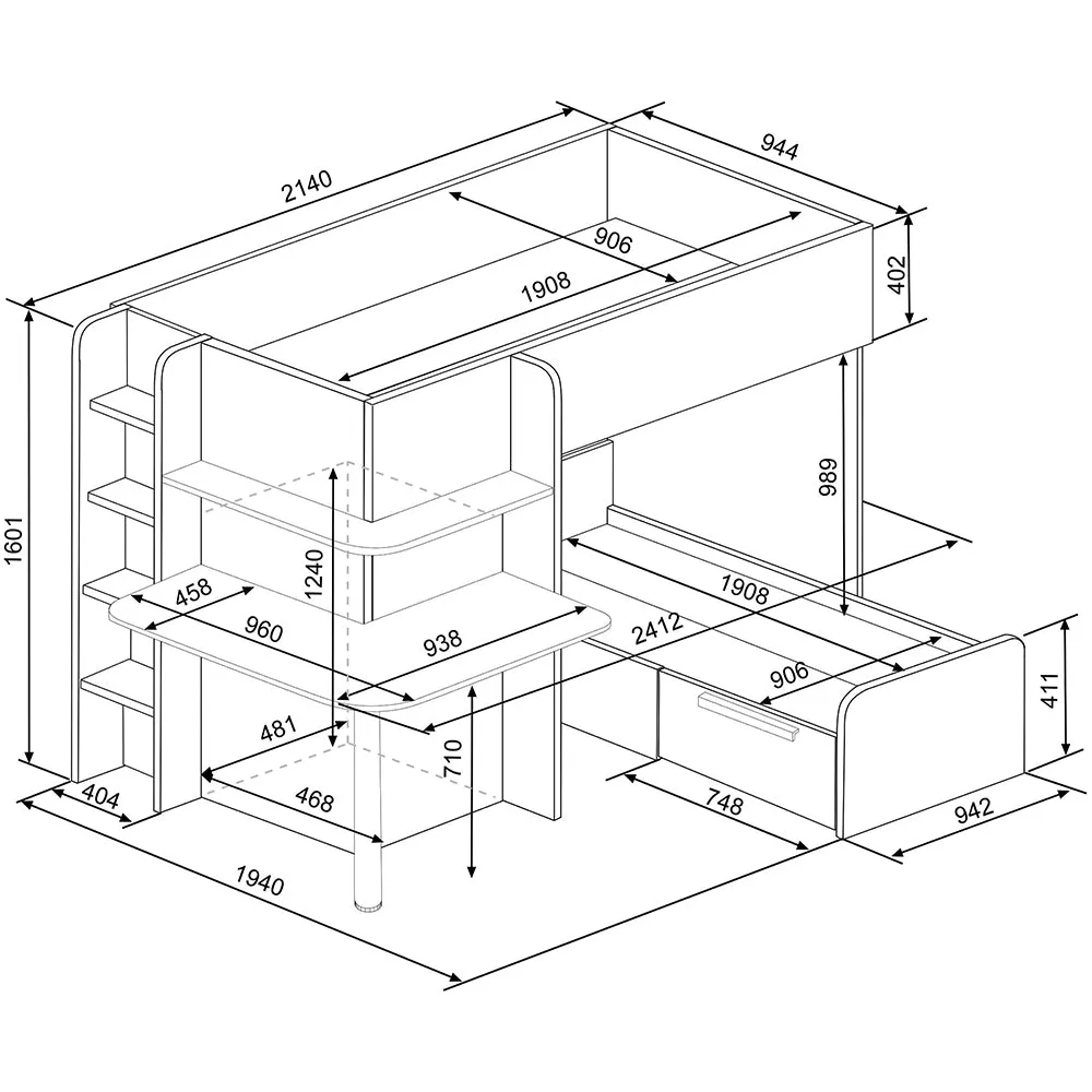 L-Shaped Bunk Bed with Built in Wardrobe, Desk & Storage Palatino Trasman